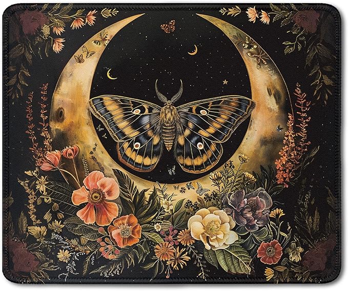Moody Gothic Floral Butterfly Moon Mouse Pad, Dark Contemporary Botanical Mousepad for Desk Home Office Dorm Computers Laptop, Witchy Celestial Office Supplies Desk Accessories, 9.5x7.9 Inch