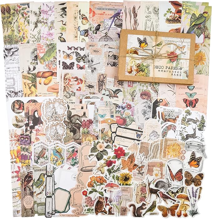 Knaid 200 Pieces Vintage Ephemera Pack Decoupage Paper Junk Journal Kit Scrapbook Planner Sticker Supplies for Art Journaling Bullet Journals Collage Craft Notebooks Album Crafter Gifts (Forest)