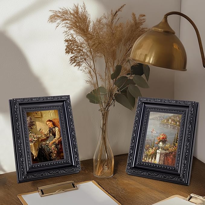eletecpro 3x4 Picture Frames Set of 4, Ornate Vintage Photo Frames with Glass, Rustic Gothic Frame Displays 3x4 Photo for Tabletop, Black