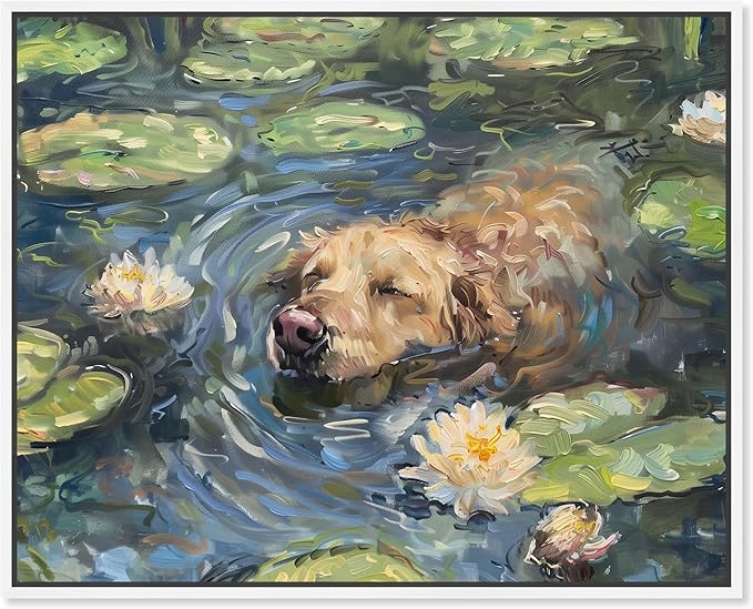 Art Remedy Monet Water Lilies Dog Rustic Chic Farmhouse Canvas Wall Art, White Floater Frame, 20"x16"