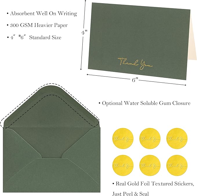 Crisky Green Thank You Cards with Envelopes & Stickers， 50 Pack Bridal Shower Graduation Thank You Cards Small Business, Wedding Baby Shower Birthday Funeral Notes Bulk