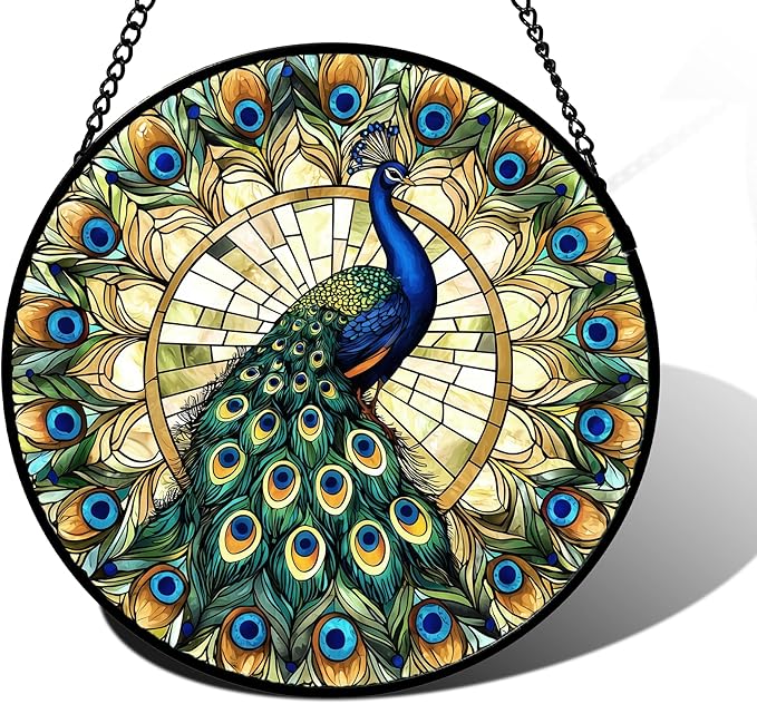 Stained Glass Window Hanging - Retro Peacock Decoration Suncatcher for Door Garden Home Bird Feather Sun Catchers Christmas Mother's Day Birthday Gifts for Women Men Mom Nana Friend 6.3 in
