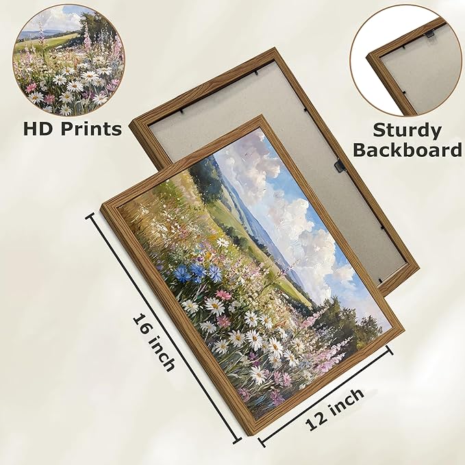 Framed Vintage Wildflower Canvas Wall Art, Nature Botanical Floral Wall Decor Pictures, Rustic Farmhouse Daisy Landscape Paintings Prints for Living Room Bedroom Bathroom Office 12x16 inch