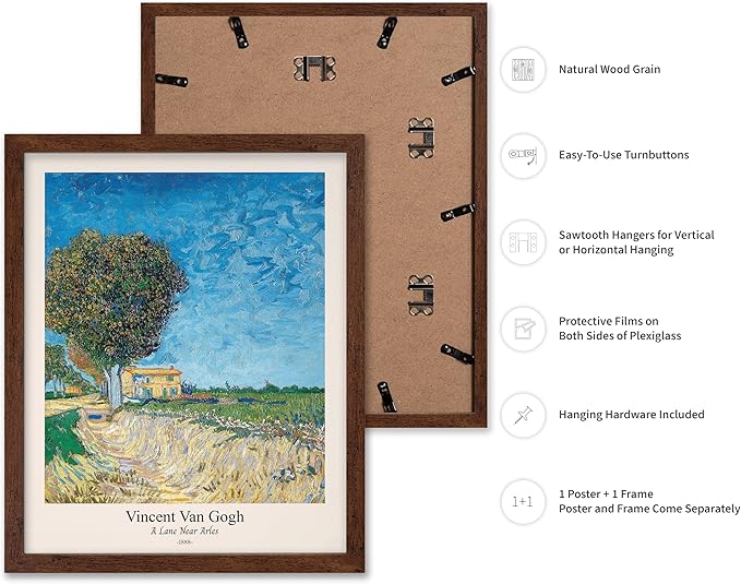 Monem Art Vintage Van Gogh Poster - Retro A Lane near Arles Print - Impressionism Art - Fine Art - Classic Painting Art - Landscape Art - Great Bedroom or Office Decor - 16x20 Brown Framed