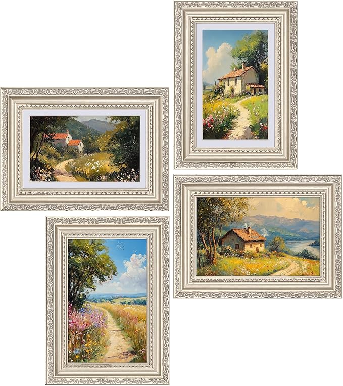 eletecpro 4x6 Picture Frames Set of 4, Ornate Vintage Photo Frames with Glass, Display 3.5x5 Photo with Mat or 4x6 without Mat for Tabletop or Wall Decor, Silver Beige