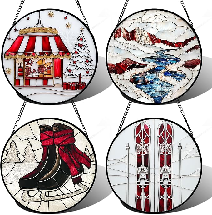 Stained Glass Window Hanging 4 Pcs Set Winter Skiing Red Christmas House Large 15" - Suncatcher Door Garden Sun Catcher Decor Birthday Mother's Day for Mom Woman Nana Friend
