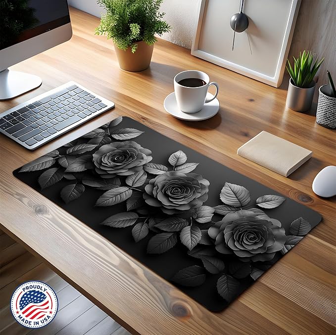 Luxury Black Rose Desk Mat Large Gaming Mouse Pad with Elegant 3D Floral Design and Dark Aesthetic Desk Pad for Office Home Gift for Gamers Artists Minimalist Lovers, 22x12in