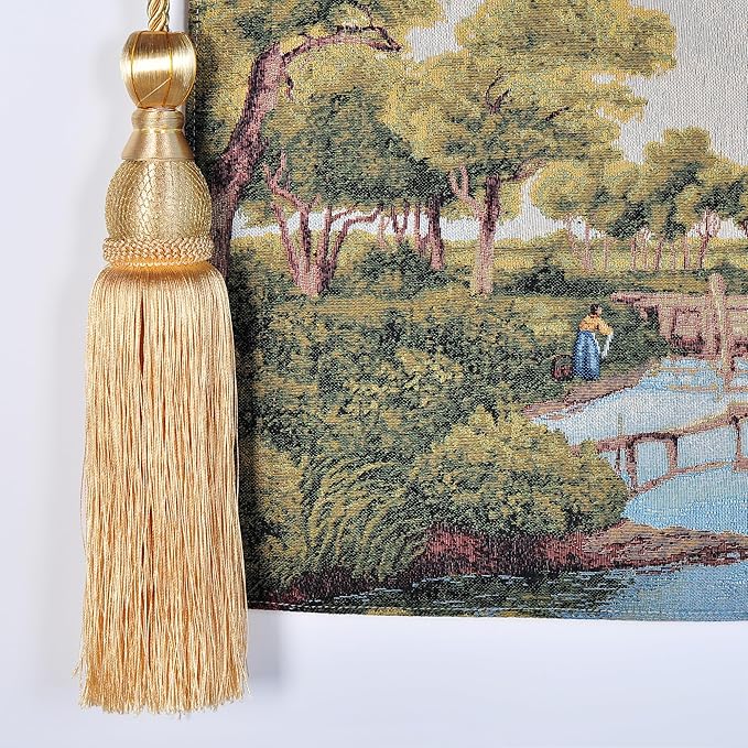 Vintage Nature Tapestry Wall Hanging Set with Telescopic Rod & Tassels - Jacquard Woven Fabric Aesthetic Country Landscape Wall Tapestry for Bedroom/Living Room Decor Green Art (42"x27") (Lush - green, idyllic village by the stream)