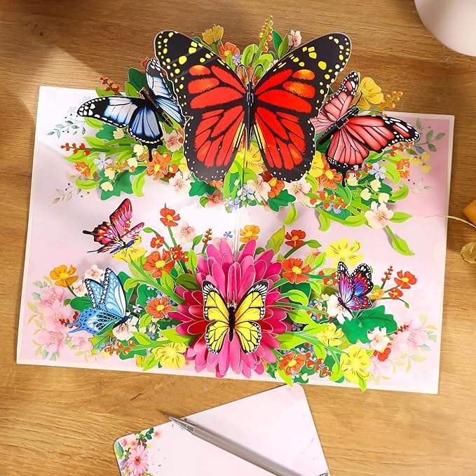 Butterflies Pop Up Birthday Card For Women&Wife, Beautiful Flowers, Ideal Gift for Birthday, Mothers Day, Thank You, Anniversary, Valentines, All Occasion for Women, Wife, Mom, Sister, Grandma, Her