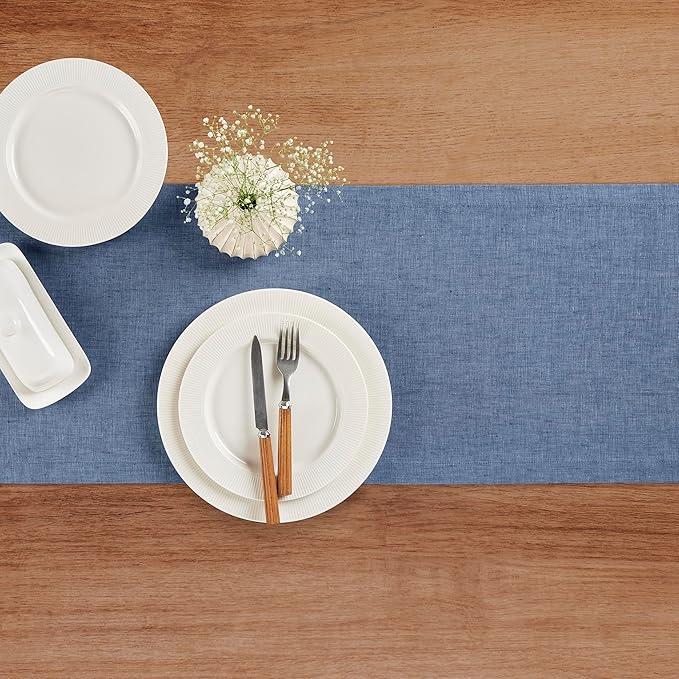 Solino Home Linen Table Runner 156 Inches Long - Athena, 100% Pure Linen Blue Denim Dining Table Runner 14 x 156 Inch for Spring, Easter