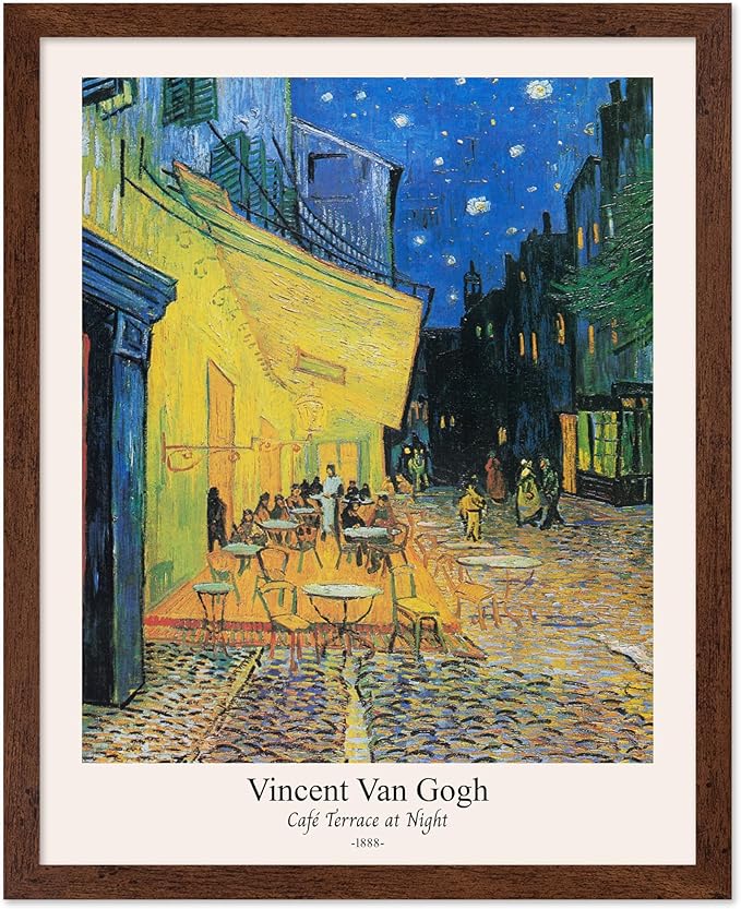 Monem Art Vintage Van Gogh Poster - Retro Cafe Terrace at Night Print - Impressionism Art - Fine Art - Classic Painting Art - Aesthetic Living Room or Bedroom Wall Decor - 8x10 Brown Framed