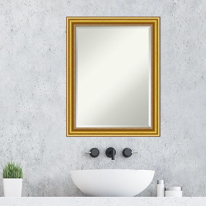 Amanti Art Gold Wall Mirror 28x22 Townhouse Gold Rectangle Bathroom Mirror for Wall Decor Living Room, Medium Traditional Wood Frame, Hangs Horizonally and Vertically, Bathroom Decor, Beveled Edge