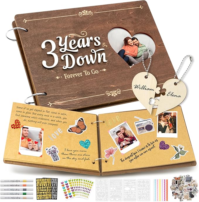 CY2SIDE 3 Years Anniversary Scrapbook - 111PCS 3 Years Down Wooden Photo Album Scrapbook Craft Kit Included Wood Cover Heart Puzzle Brown Paper Sticker and Template for DIY Dating Celebration Gift