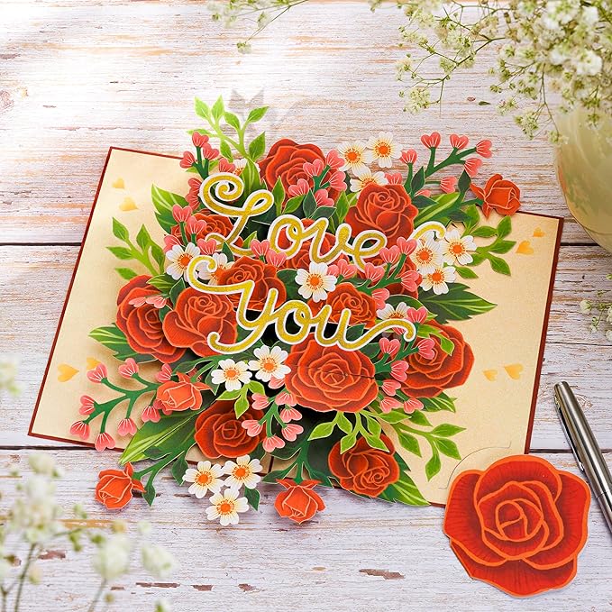 Floral Red Roses Pop Up Card, Love You, Elegant 3D Greeting Cards, Gifts for Birthday, Mothers Day, Anniversary, Valentines Day, 5x7 - Includes Envelope And Message Note