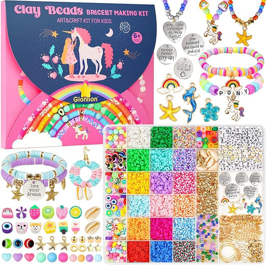 Gionlion Christmas Gifts for Girls, Bracelet Making Kit Crafts for Jewelry Making Supplies Kit with 198Pcs Letter Beads, Unicorn/Mermaid DIY Birthday Christmas Toys Gifts for Kids