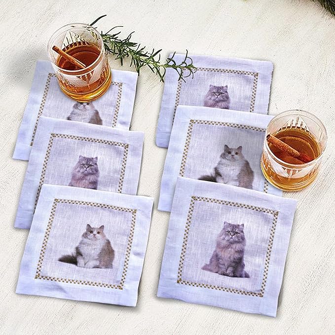 Cocktail Napkins Set of 6, 6x6 inch, 100% Linen, Printed Animal Pattern, Reusable & Washable Cloth Coasters for Beverages, Hosting, Gifting & Everyday Use (Cat Meme)