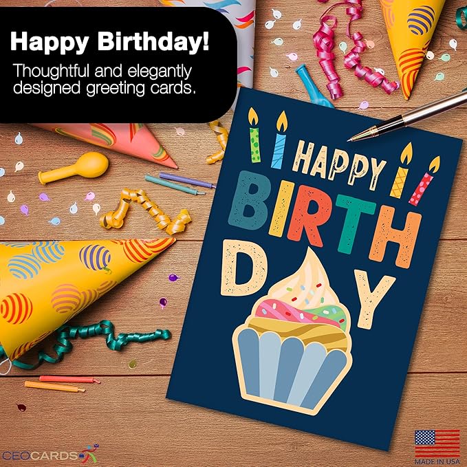 Happy Birthday Cards Bulk Greeting Card Set (Delicious) 18 Pack & White Envelopes - 5x7 Inch Birthday Theme for Family, Women, Men, Coworkers & Office (B2407)