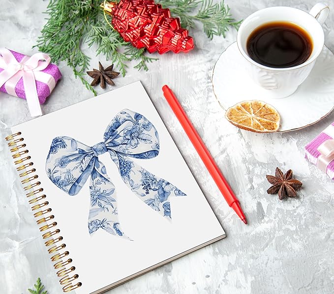 Chinoiserie Bow Spiral Notebook 5.5x8.3, Blue and White Floral Journaling Notebooks, Grandmillennial Bow Journal, Aesthetic Notebooks for Note Taking, Preppy Girly Journals for Writing