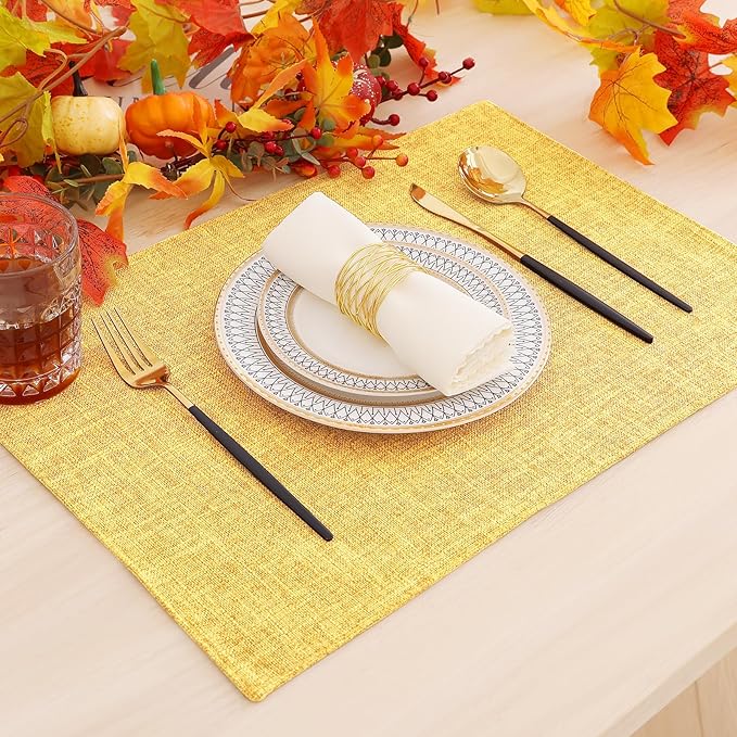 homing Cotton Linen Placemats Set of 4, Cloth Washable Farmhouse Dining Table Mats for Indoors & Outdoors, Easy to Clean, Mustard Yellow, 13 x 19 Inch