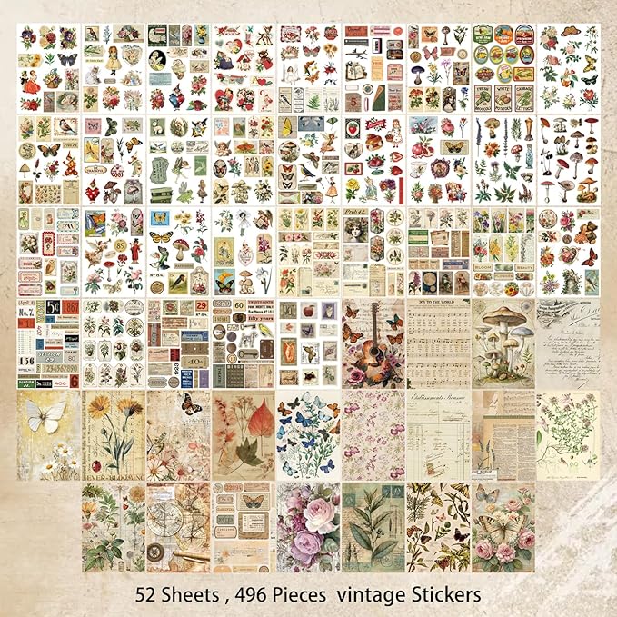 Vintage Sticker Book, 32 Sheets 496 Pcs Vintage Aesthetics Stickers & 20 Sheets Washi Paper for Journaling Scrapbooking Bullet Journals Planners Letter Card Making
