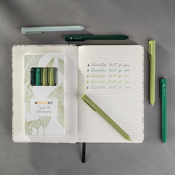 DIVERSEBEE Gel Ink Pens Assorted Colors, 0.5 mm Fine Point, Bible Pens No Bleed Through with Cute Fine Tip, Bible Study Journaling Supplies Set, 5 Pack (Green)
