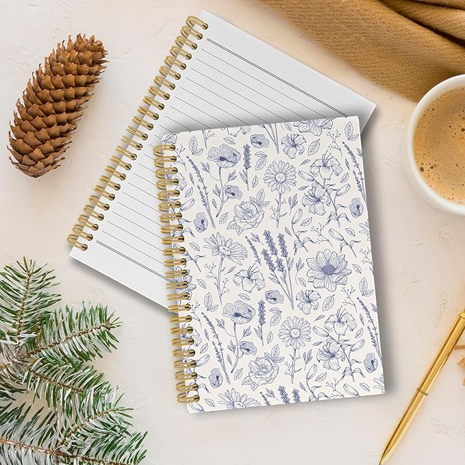 Pugwak Vintage Floral Journal Notebook - Aesthetic Botanical Line Flower Notebooks College Ruled for Work School, Gifts for Women Coworker, Office Supplies, Hardcover Spiral Notebook 5.5"x8.3"