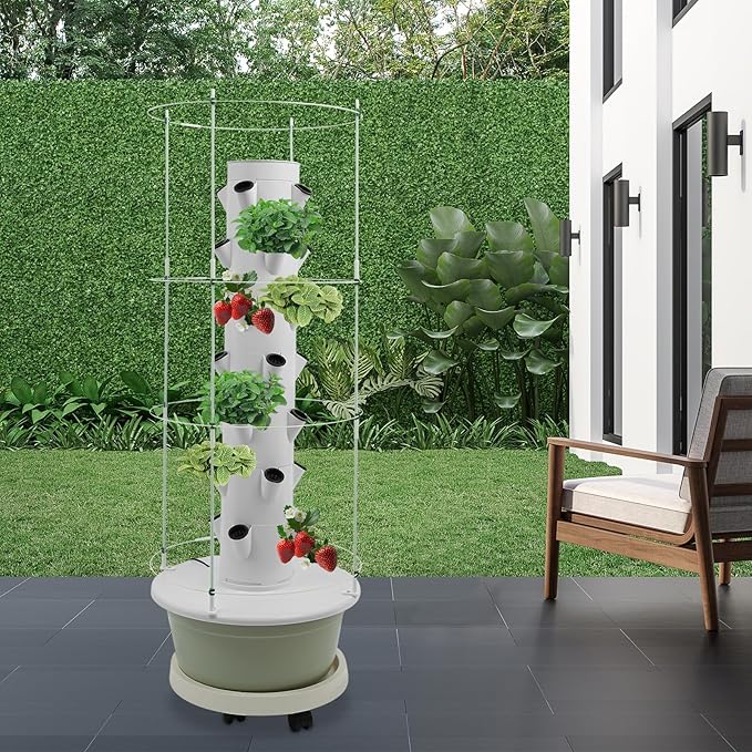 Hydroponic Growing Tower Kit, 7-Tier 28 Plant Hydroponic Indoor Vertical Garden with Climbing Trellis & Timer, Vertical Hydroponics System for Lettuce, Strawberries, Herbs, Vegetables, White