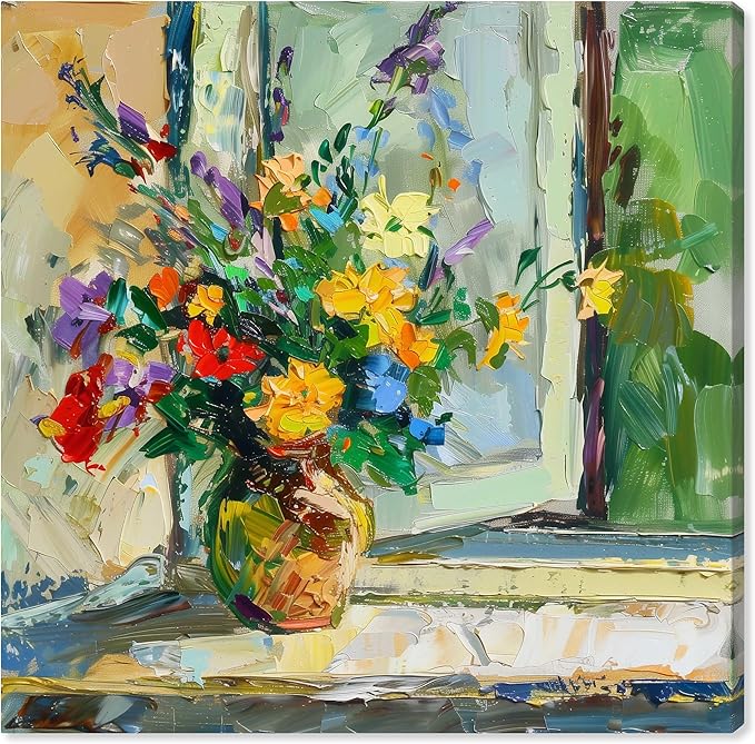 Art Remedy Vase By The Window Gallery Wrapped Impressionism 1 Piece Canvas Wall Art/Monet And Van Gogh Inspired Art, 12" x 12", Gallery Wrapped