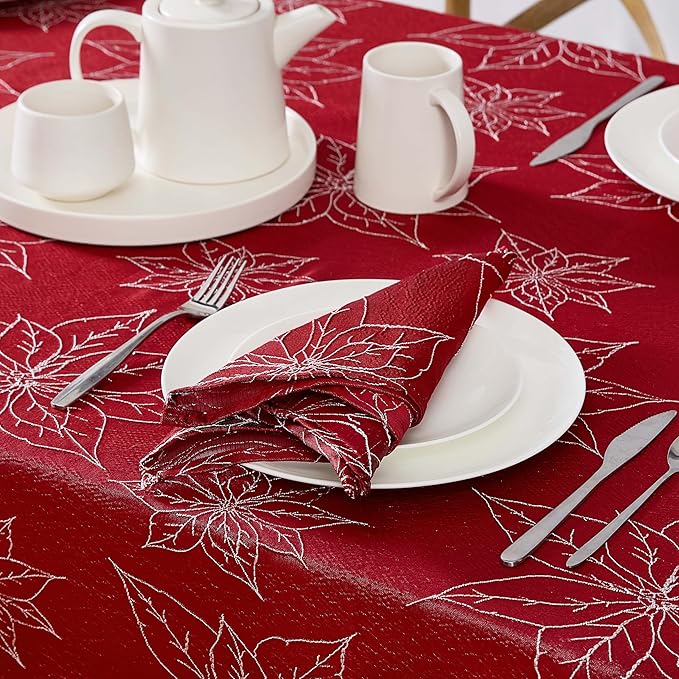 Laura Ashley Tablecloth Raised Woven Embroidered Jacquard Fabric, Wrinkle Resistant for Dining, Holiday, Party, Wedding or Banquet, 60" x 84", Poinsettia Red