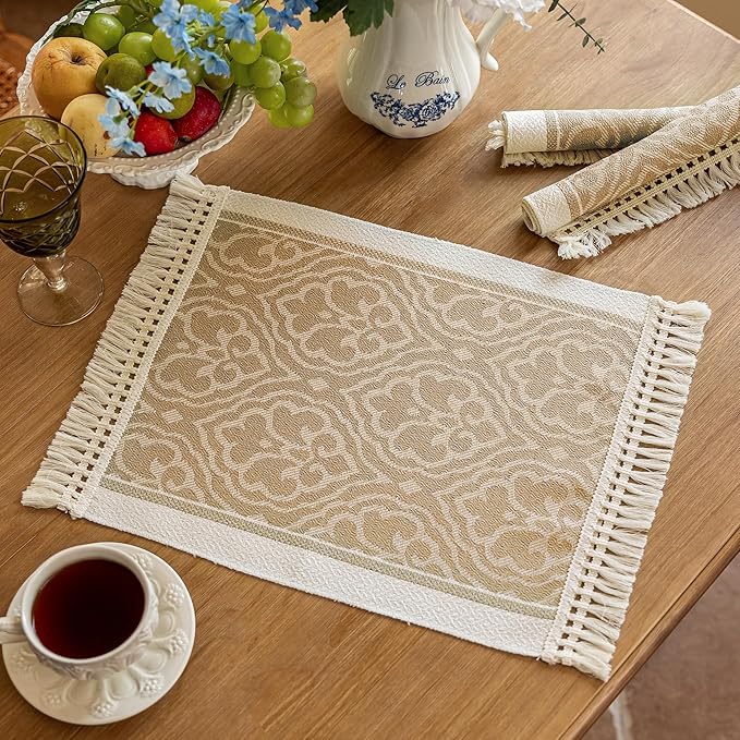 Placemats Set of 4,Waterproof Placemat with Tassel Fringe,Boho Placemats for Coffee Table Western Restaurant