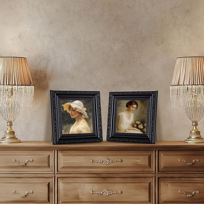 eletecpro 4x4 Picture Frames Set of 4, Ornate Vintage Photo Frames with Glass, Rustic Gothic Frame Displays 4x4 Photo for Tabletop, Black