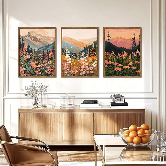 Floating Framed Boho Colorful Mountain Wall Art Set of 3, Vintage Wildflower Landscape Canvas Wall Decor Paintings, Nature Floral Forest Posters Pictures Prints for Living Room Bedroom 12x16 Inch