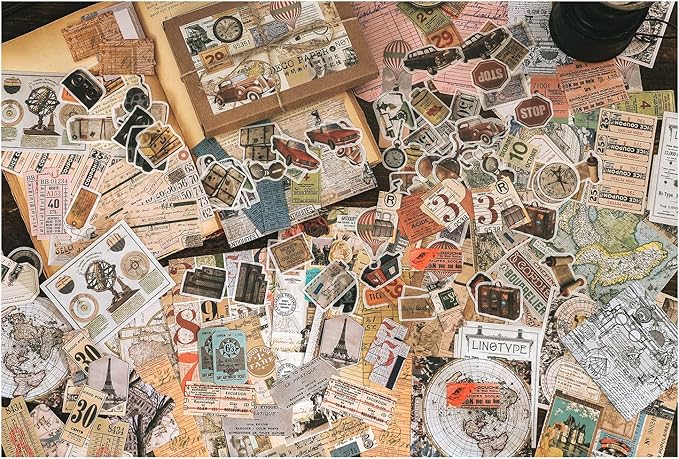 Knaid 200 Pieces Vintage Ephemera Pack Decoupage Paper Junk Journal Kit Scrapbook Planner Sticker Supplies for Art Journaling Bullet Journals Collage Notebooks Album Crafter Gifts (World Memory)