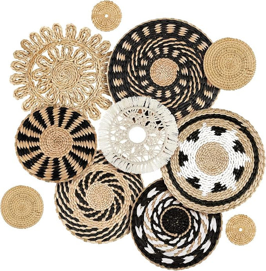 Tatuo 11 Pcs Boho Wall Basket Decor Decorative Bulrush Woven Basket Wall Decor Art Round Farmhouse Hanging Baskets for Kitchen Rustic Home Summer Decorations, Multi Sizes(Boho)