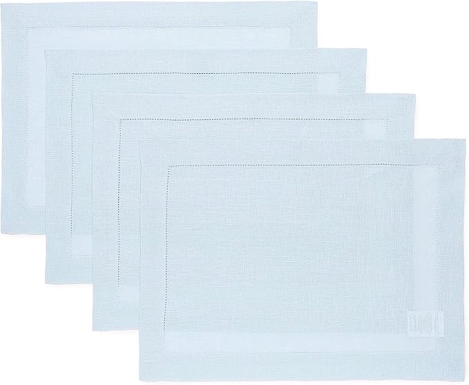Solino Home Linen Placemats Set of 4 - Classic Hemstitch Light Blue Placemats 14 x 19 Inch - 100% Pure Linen Table Mats for Winter, Spring, Easter
