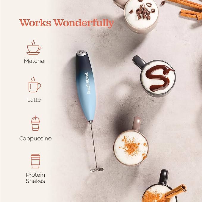 Powerful Handheld Milk Frother, Mini Milk Foamer, Battery Operated (Not included) Stainless Steel Drink Mixer with Frother Stand (Dark Sky)