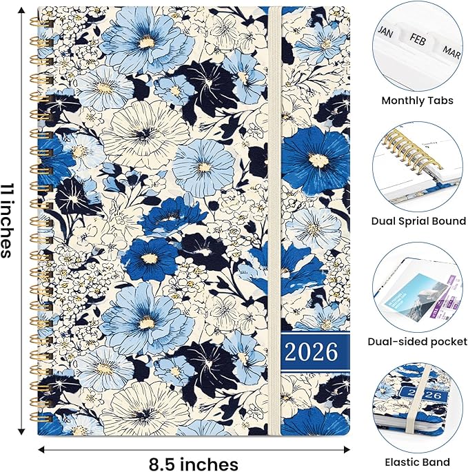 2026 Planner, Weekly and Monthly Planner for Women, January 2026 to December 2026, Pretty Hardcover 2026 Calendar Planner Book with Tabs, Inner Pocket, Spiral Bound, Perfect Office Home School Supplies - 8.5" x 11", Azure Garden