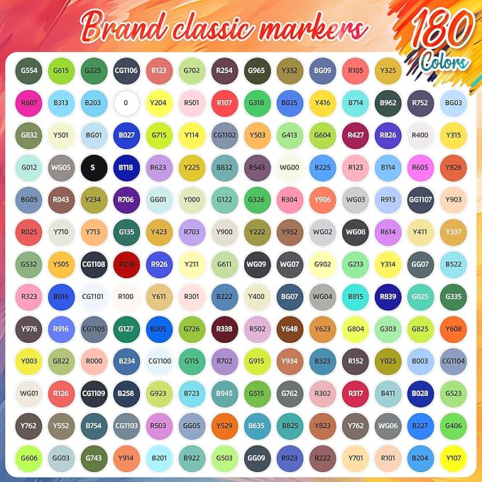 Caliart Alcohol Based Markers, 180 Colors Art Marker Set Fine & Chisel Dual Tip, Permanent Colored Pens for Adults Coloring Book Artists Illustration Sketch Lettering Drawing Cards Planner