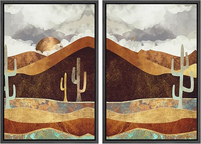 SIGNWIN Framed Canvas Print Wall Art Set Geometric Granite Desert Cactus Landscape Nature Wilderness Illustrations Modern Art Scenic Colorful for Living Room, Bedroom, Office - 24"x36"x2 Black
