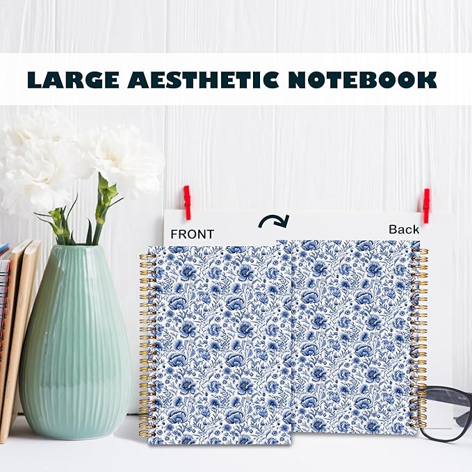 BearCake Blue Chinoiserie Grandmillennial Notebook Journal, Blue Floral Aesthetic Notebook, Chinoiserie Journal, Blue Aesthetic Office Supplies, Notebooks for Work, Hardcover Spiral Notebook 5.5x8.3