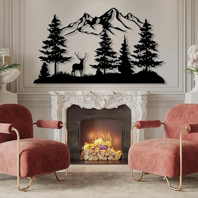 DecoSoul Mountain and Forest with Deer Metal Wall Decor, Hill and Trees Large Metal Wall Art, Nature and Forest Decor, Outdoor Lovers Gift, Home Decoration, Housewarming Gift for Living Room