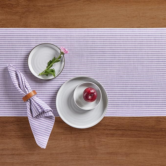 Solino Home Linen Striped Table Runner 60 Inches - Narrow Stripe, 100% Pure Linen Lavender and White Small Table Runner 14 x 60 Inch Ideal for Dresser and Coffee Tables - Valentines, Spring, Easter