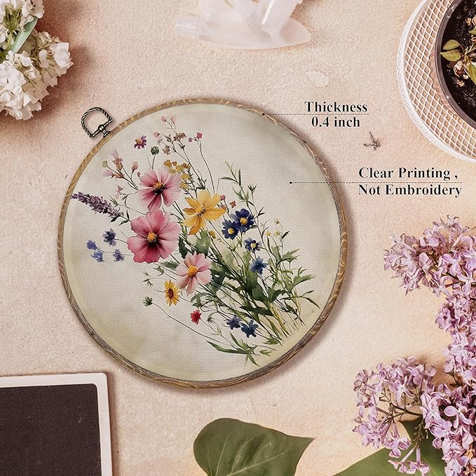 FUGWN Vintage Wildflower Botanical Round Wall Art Decor Framed, Cottagecore Floral Botanical Canvas Artwork Prints, Retro Floral Wall Hanging Decorations for Home Bedroom Living Room, 10x10 Inch