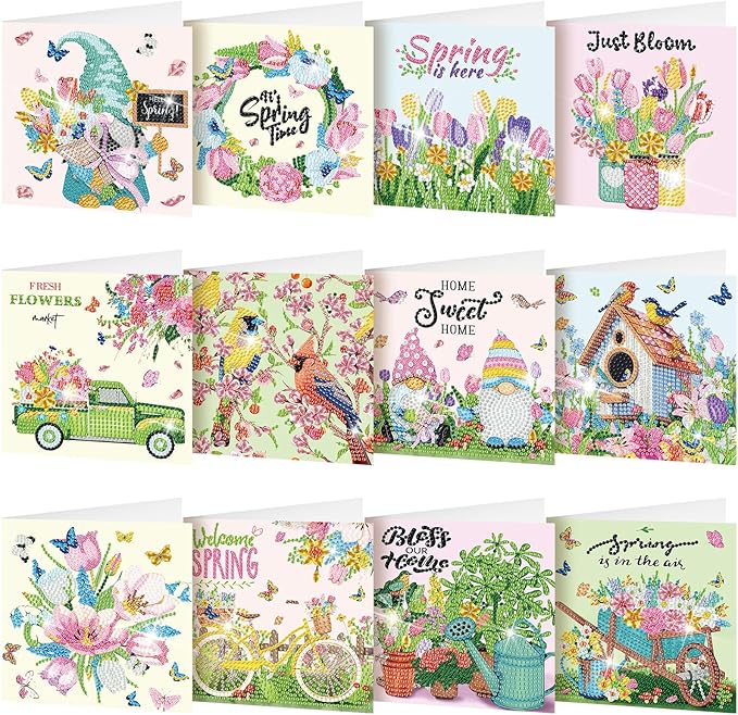 Saillong 12 Pack Spring Diamond Painting Greeting Card Kits Easter Diamond Art Cards with Envelopes Gnome Tulips Flowers 5d Rhinestones Painting Kits for Adults DIY Crafts Family Friend Spring Gifts