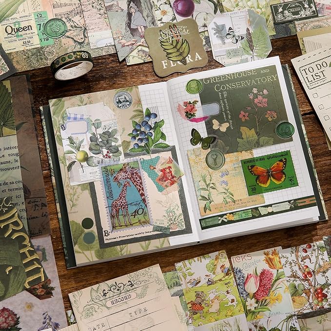 Scrapbooking Supplies Kit, Vintage Botanical Aesthetic Scrapbook Kit for Bullet Junk Journal, Stationery, A6 Grid Notebook, Flower DIY Journaling Supplies, Birthday Craft Gift Teen Girl Kid Women