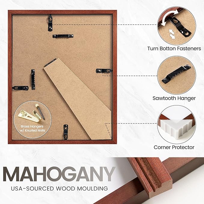 8x10 Picture Frame, USA-Sourced Natural Mahogany Wood Photo Collage Frame with HD Tempered Glass, Modern Simple 8 x 10 Wooden Frame Matted to 5x7, Gallery Wall Frames for Art, Wall or Tabletop Display