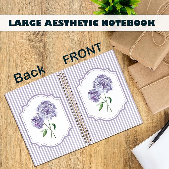 Coquette Preppy Purple Hydrangea Notebooks, Purple and White Stripes Girly Floral Journal, Aesthetic Hydrangea Flower Spiral Notebook Journal for Note Taking, Girly Office Supplies, 5.5x8.3 Inch
