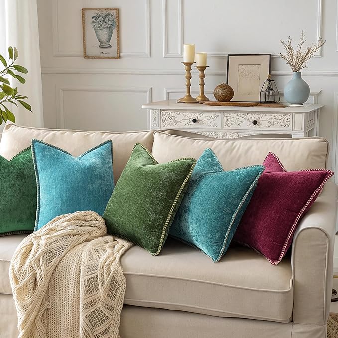 decorUhome Spring Chenille Soft Throw Pillow Covers 18x18 Set of 2, Farmhouse Velvet Neutral Decorative Pillow Covers with Stitched Edge for Couch Sofa Bed Home Decor, Forest Elf