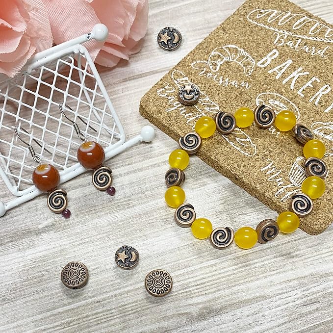 Heather's cf 77 Pieces Copper Tone Pattern Flat Beads Findings for Jewelry Making 10mm