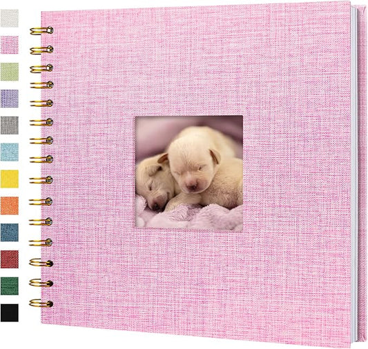 Scrapbook Photo Album Linen Cover, 8 x 8 Inch Hardcover Kraft White Pages Memory Book, for Travel Wedding Guest Book Christmas Baby Shower (20 Sheets/ 40 Pages,Pink)